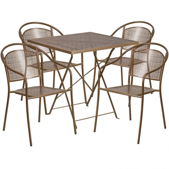 Commercial Grade 28" Square Gold Indoor-Outdoor Steel Folding Patio Table Set with 4 Round Back Chairs