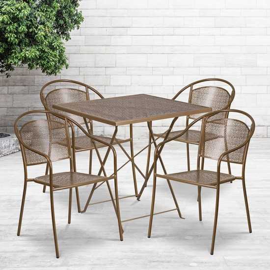 Commercial Grade 28" Square Gold Indoor-Outdoor Steel Folding Patio Table Set with 4 Round Back Chairs