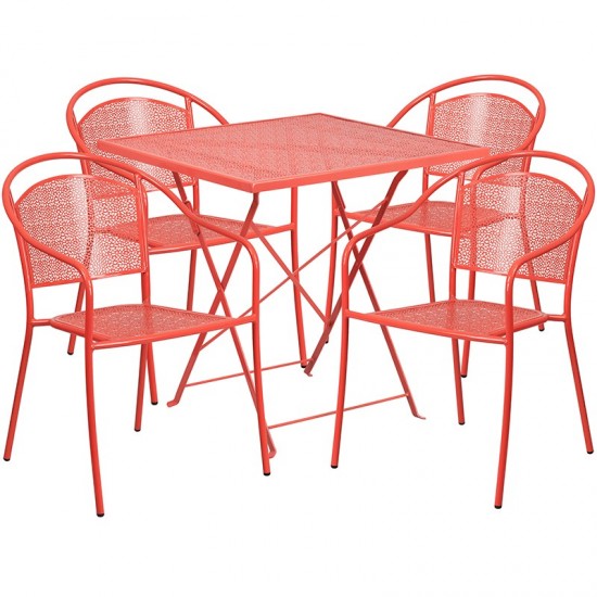 Commercial Grade 28" Square Coral Indoor-Outdoor Steel Folding Patio Table Set with 4 Round Back Chairs