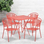 Commercial Grade 28" Square Coral Indoor-Outdoor Steel Folding Patio Table Set with 4 Round Back Chairs