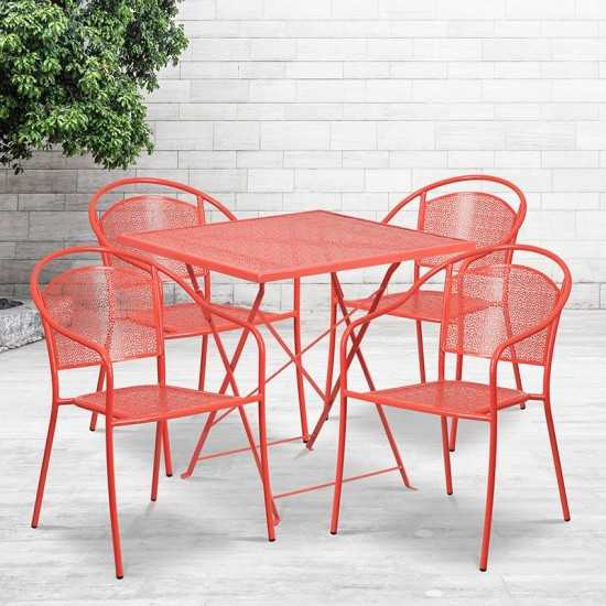 Commercial Grade 28" Square Coral Indoor-Outdoor Steel Folding Patio Table Set with 4 Round Back Chairs