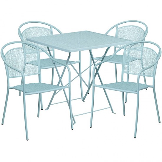 Commercial Grade 28" Square Sky Blue Indoor-Outdoor Steel Folding Patio Table Set with 4 Round Back Chairs