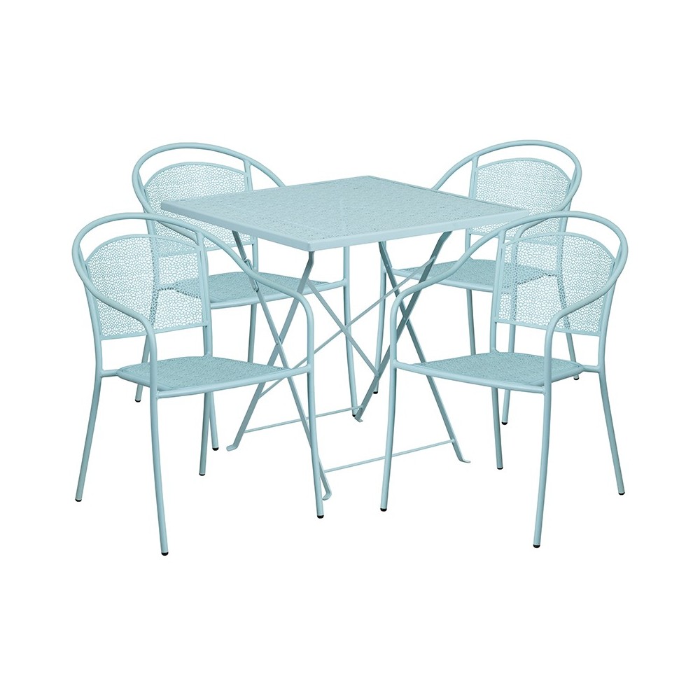 Commercial Grade 28" Square Sky Blue Indoor-Outdoor Steel Folding Patio Table Set with 4 Round Back Chairs