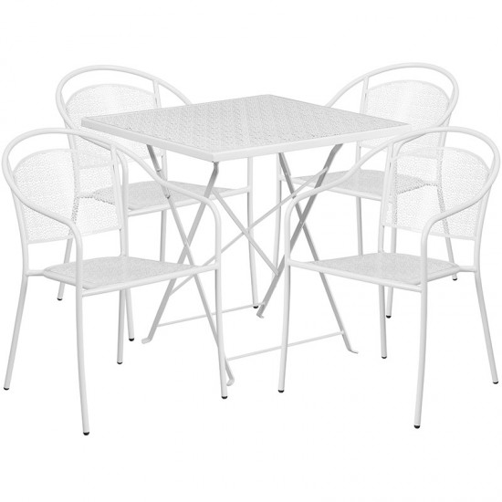 Commercial Grade 28" Square White Indoor-Outdoor Steel Folding Patio Table Set with 4 Round Back Chairs