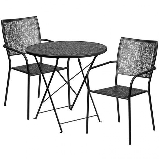 Commercial Grade 30" Round Black Indoor-Outdoor Steel Folding Patio Table Set with 2 Square Back Chairs