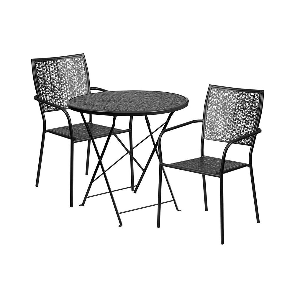 Commercial Grade 30" Round Black Indoor-Outdoor Steel Folding Patio Table Set with 2 Square Back Chairs