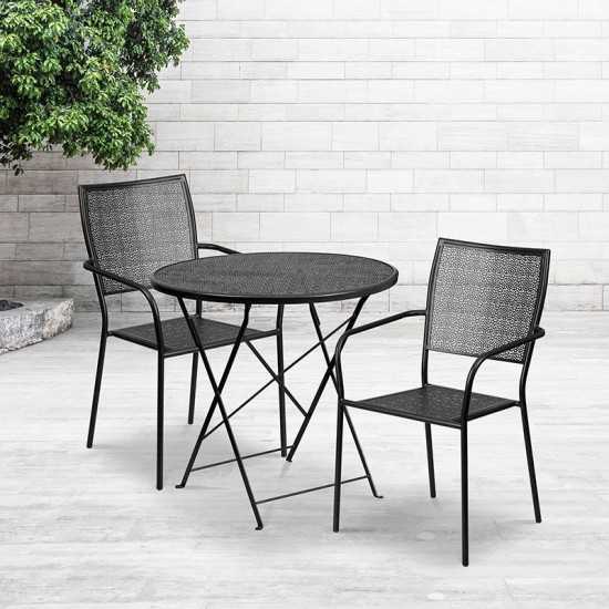 Commercial Grade 30" Round Black Indoor-Outdoor Steel Folding Patio Table Set with 2 Square Back Chairs