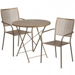 Commercial Grade 30" Round Gold Indoor-Outdoor Steel Folding Patio Table Set with 2 Square Back Chairs