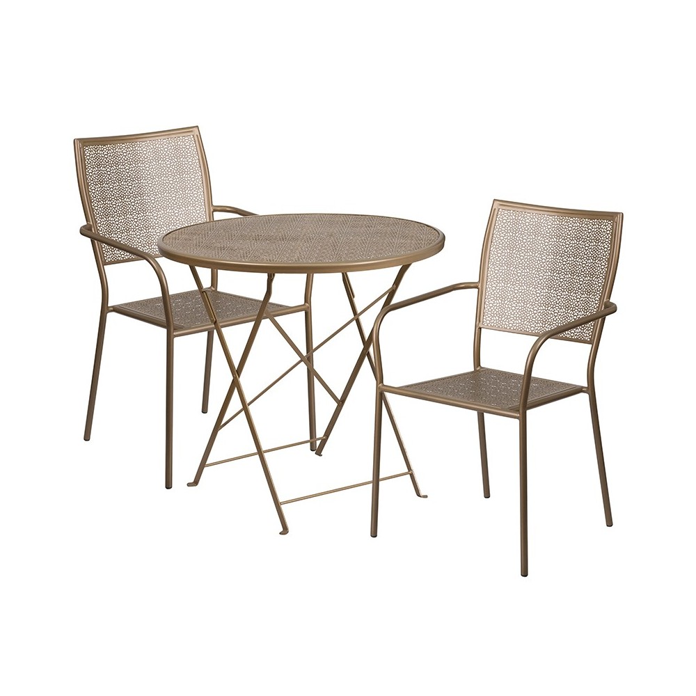 Commercial Grade 30" Round Gold Indoor-Outdoor Steel Folding Patio Table Set with 2 Square Back Chairs