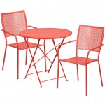 Commercial Grade 30" Round Coral Indoor-Outdoor Steel Folding Patio Table Set with 2 Square Back Chairs