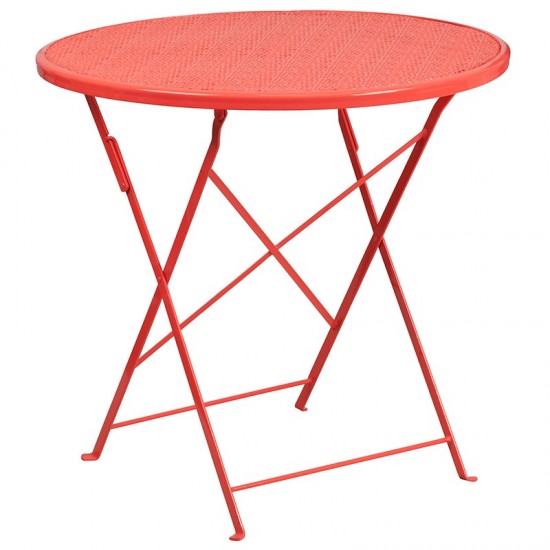 Commercial Grade 30" Round Coral Indoor-Outdoor Steel Folding Patio Table Set with 2 Square Back Chairs