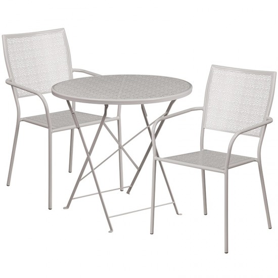 Commercial Grade 30" Round Light Gray Indoor-Outdoor Steel Folding Patio Table Set with 2 Square Back Chairs