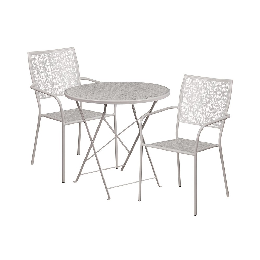 Commercial Grade 30" Round Light Gray Indoor-Outdoor Steel Folding Patio Table Set with 2 Square Back Chairs