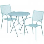 Commercial Grade 30" Round Sky Blue Indoor-Outdoor Steel Folding Patio Table Set with 2 Square Back Chairs