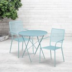 Commercial Grade 30" Round Sky Blue Indoor-Outdoor Steel Folding Patio Table Set with 2 Square Back Chairs