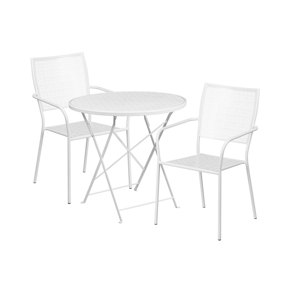 Commercial Grade 30" Round White Indoor-Outdoor Steel Folding Patio Table Set with 2 Square Back Chairs