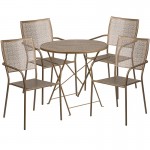 Commercial Grade 30" Round Gold Indoor-Outdoor Steel Folding Patio Table Set with 4 Square Back Chairs