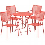 Commercial Grade 30" Round Coral Indoor-Outdoor Steel Folding Patio Table Set with 4 Square Back Chairs