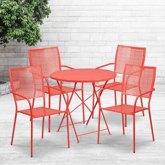 Commercial Grade 30" Round Coral Indoor-Outdoor Steel Folding Patio Table Set with 4 Square Back Chairs