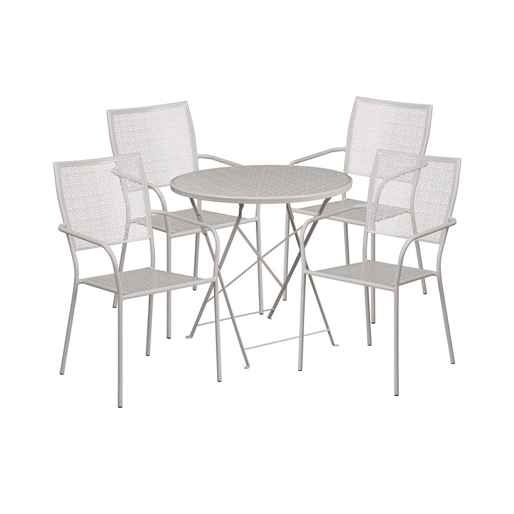 Commercial Grade 30" Round Light Gray Indoor-Outdoor Steel Folding Patio Table Set with 4 Square Back Chairs