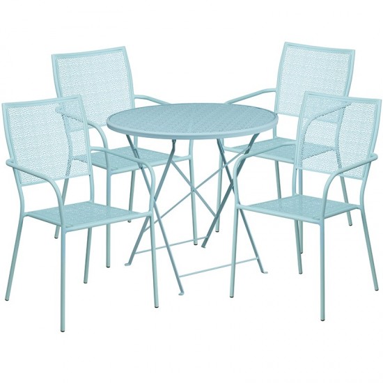 Commercial Grade 30" Round Sky Blue Indoor-Outdoor Steel Folding Patio Table Set with 4 Square Back Chairs