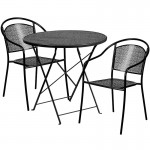Commercial Grade 30" Round Black Indoor-Outdoor Steel Folding Patio Table Set with 2 Round Back Chairs