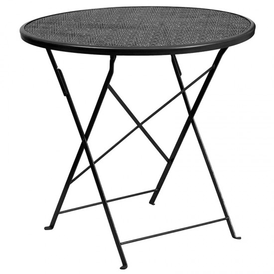 Commercial Grade 30" Round Black Indoor-Outdoor Steel Folding Patio Table Set with 2 Round Back Chairs