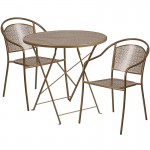 Commercial Grade 30" Round Gold Indoor-Outdoor Steel Folding Patio Table Set with 2 Round Back Chairs