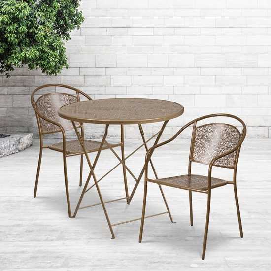 Commercial Grade 30" Round Gold Indoor-Outdoor Steel Folding Patio Table Set with 2 Round Back Chairs