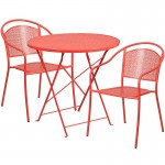 Commercial Grade 30" Round Coral Indoor-Outdoor Steel Folding Patio Table Set with 2 Round Back Chairs