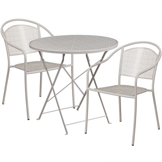 Commercial Grade 30" Round Light Gray Indoor-Outdoor Steel Folding Patio Table Set with 2 Round Back Chairs