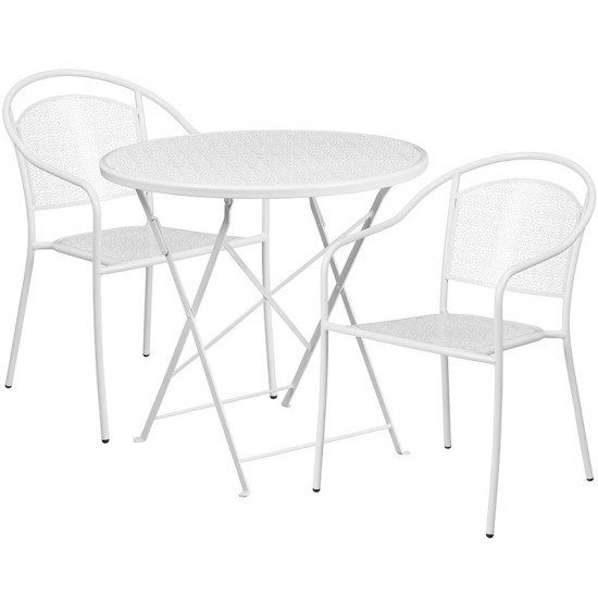 Commercial Grade 30" Round White Indoor-Outdoor Steel Folding Patio Table Set with 2 Round Back Chairs