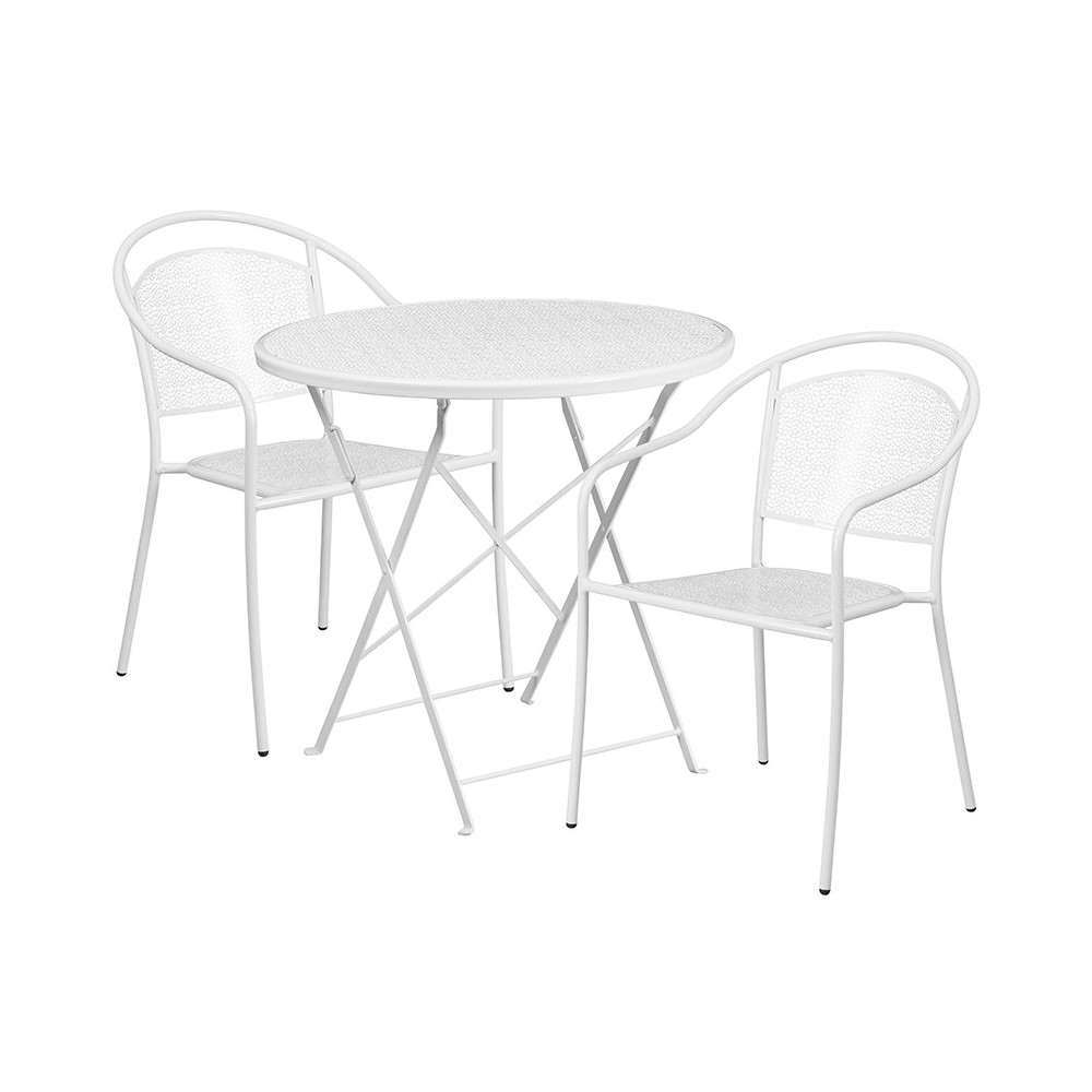 Commercial Grade 30" Round White Indoor-Outdoor Steel Folding Patio Table Set with 2 Round Back Chairs