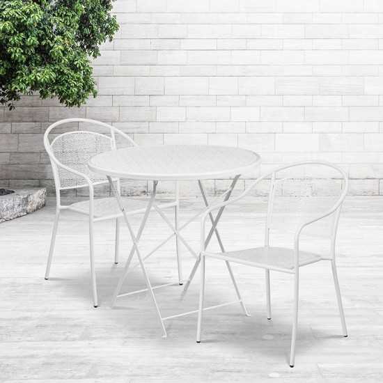 Commercial Grade 30" Round White Indoor-Outdoor Steel Folding Patio Table Set with 2 Round Back Chairs