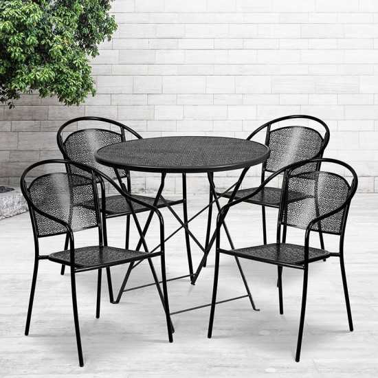 Commercial Grade 30" Round Black Indoor-Outdoor Steel Folding Patio Table Set with 4 Round Back Chairs