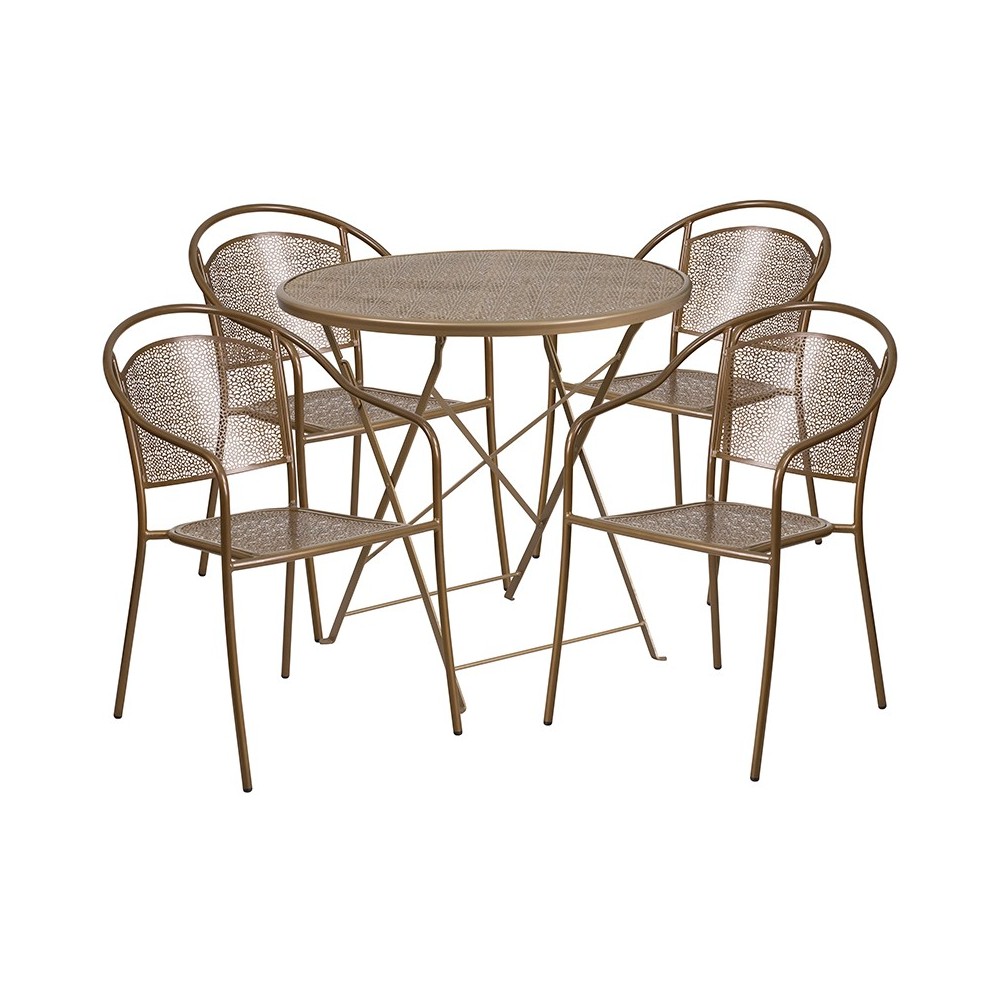 Commercial Grade 30" Round Gold Indoor-Outdoor Steel Folding Patio Table Set with 4 Round Back Chairs