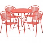 Commercial Grade 30" Round Coral Indoor-Outdoor Steel Folding Patio Table Set with 4 Round Back Chairs