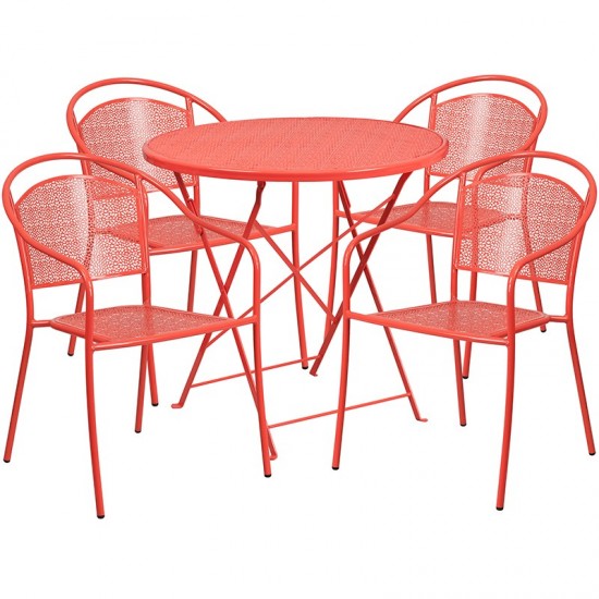 Commercial Grade 30" Round Coral Indoor-Outdoor Steel Folding Patio Table Set with 4 Round Back Chairs