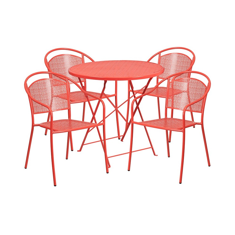 Commercial Grade 30" Round Coral Indoor-Outdoor Steel Folding Patio Table Set with 4 Round Back Chairs