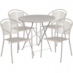 Commercial Grade 30" Round Light Gray Indoor-Outdoor Steel Folding Patio Table Set with 4 Round Back Chairs