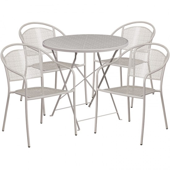 Commercial Grade 30" Round Light Gray Indoor-Outdoor Steel Folding Patio Table Set with 4 Round Back Chairs