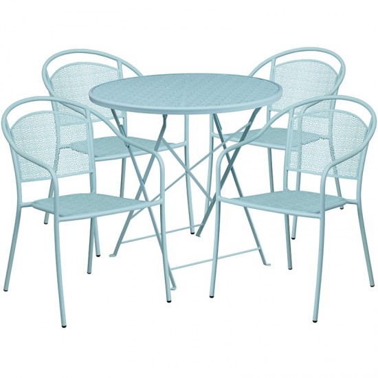 Commercial Grade 30" Round Sky Blue Indoor-Outdoor Steel Folding Patio Table Set with 4 Round Back Chairs