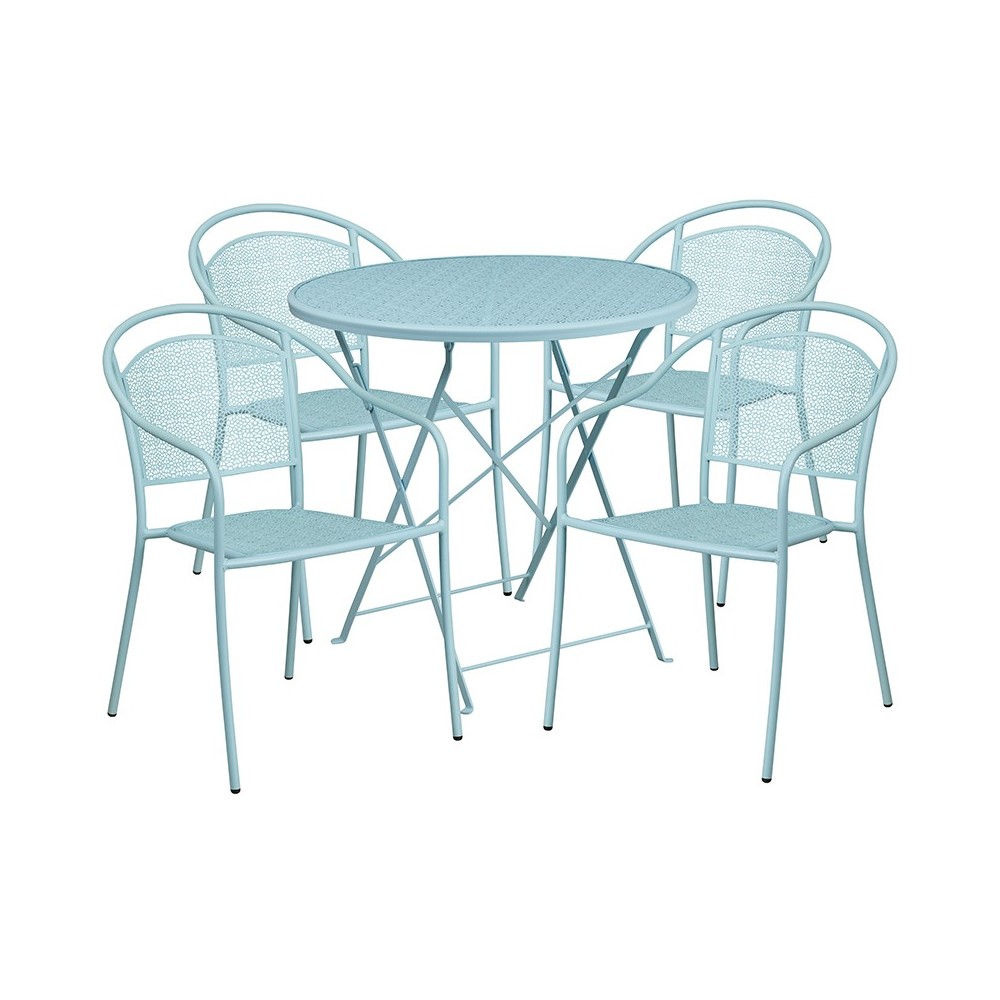 Commercial Grade 30" Round Sky Blue Indoor-Outdoor Steel Folding Patio Table Set with 4 Round Back Chairs