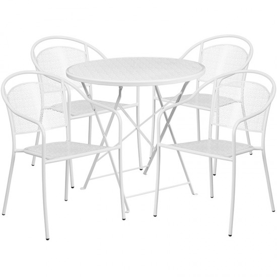 Commercial Grade 30" Round White Indoor-Outdoor Steel Folding Patio Table Set with 4 Round Back Chairs