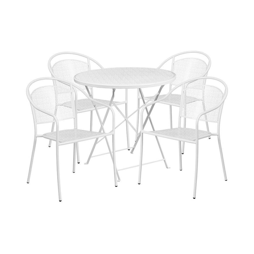 Commercial Grade 30" Round White Indoor-Outdoor Steel Folding Patio Table Set with 4 Round Back Chairs