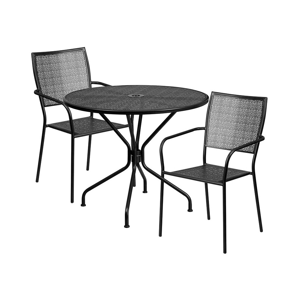 Commercial Grade 35.25" Round Black Indoor-Outdoor Steel Patio Table Set with 2 Square Back Chairs Commercial Grade 35.25" Round Black Indoor-Outdoor Steel Patio Table Set with 2 Square Back Chairs