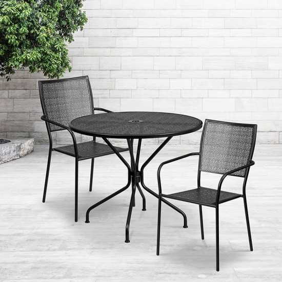 Commercial Grade 35.25" Round Black Indoor-Outdoor Steel Patio Table Set with 2 Square Back Chairs
