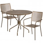 Commercial Grade 35.25" Round Gold Indoor-Outdoor Steel Patio Table Set with 2 Square Back Chairs