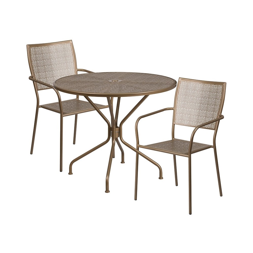 Commercial Grade 35.25" Round Gold Indoor-Outdoor Steel Patio Table Set with 2 Square Back Chairs