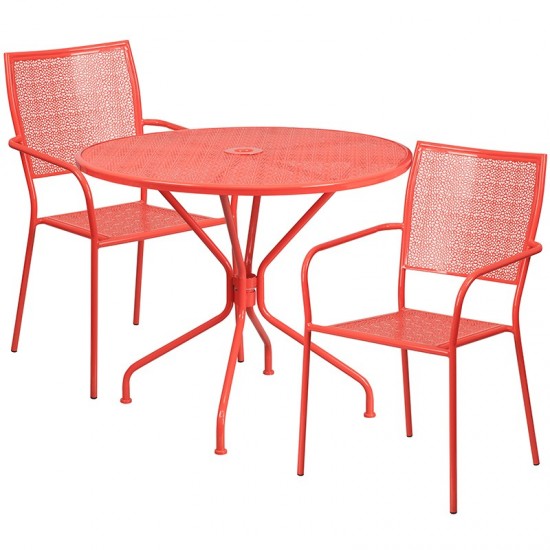 Commercial Grade 35.25" Round Coral Indoor-Outdoor Steel Patio Table Set with 2 Square Back Chairs